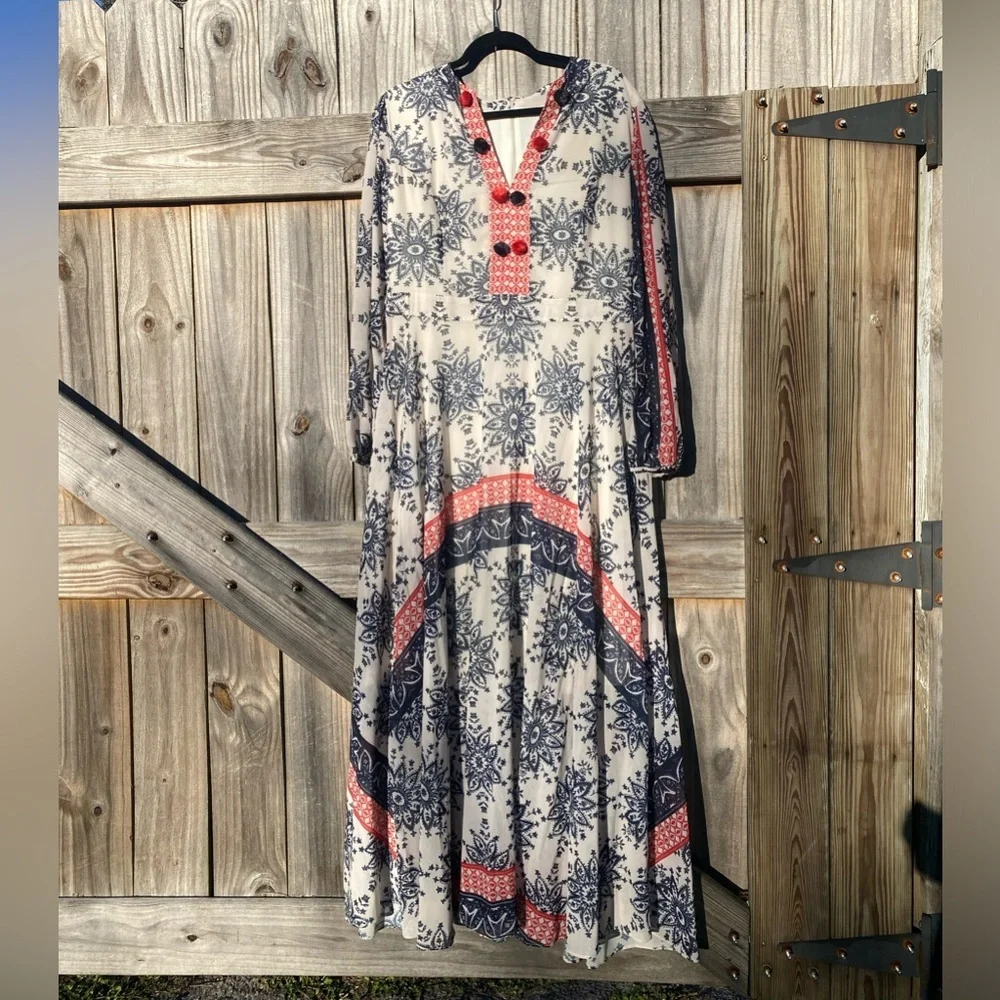 Boho Maxi Dress in Cream with Navy & Coral Accents